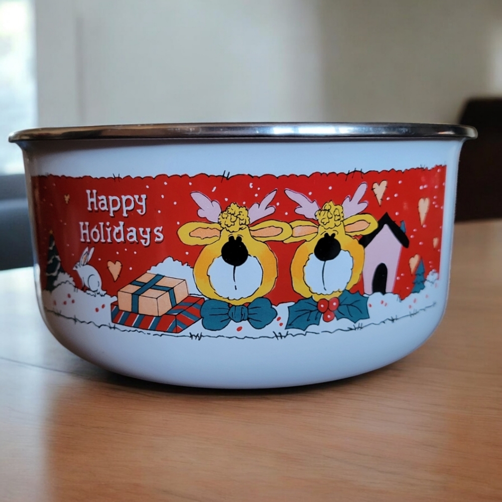 Vtg Christmas Happy Holiday Enamelware Metal Nesting Stacking Bowl Reindeer